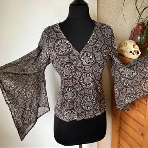 Mandala Bell Sleeve Blouse Top // Sheer Boho Shirt